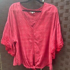 Max Studio Red V-Neck Blouse with Eyelet Sleeves - size XL